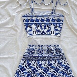 Blue and White Floral Crop Top and Skirt Set